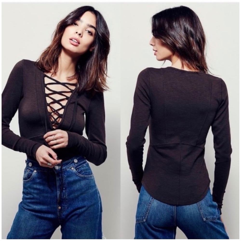 Free People Lace Up Long Sleeve Top Black Deep V Neck OB440358 Womens Large